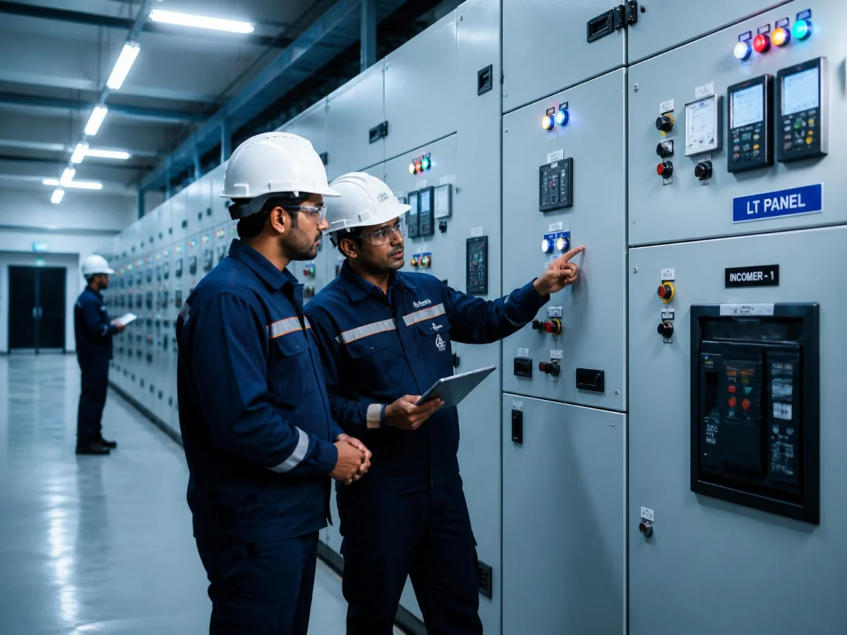 Engineers working on electrical control panels